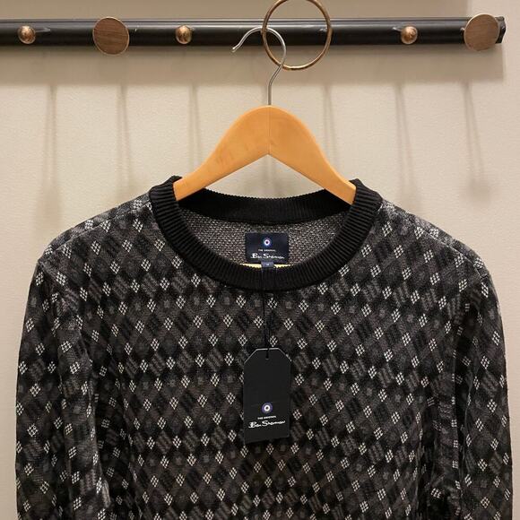 Ben Sherman Cotton Blend Black Diamond Knit Crewneck Sweater – Mens M, NWT NEW - Picture 3 of 7